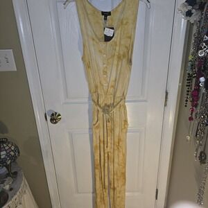 Espresso Yellow Tie Dye Button Front Jumpsuit Wide Leg Belted Womens Large